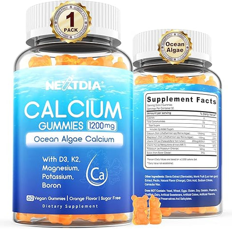 Nextdia - Suplemento de Cálcio à Base de Plantas 1200mg 600mg com D3, Cálcio de Algas Oceânicas com Vitamina D3, K2, Magnésio para Fortalecimento Ósseo, Saúde Dental