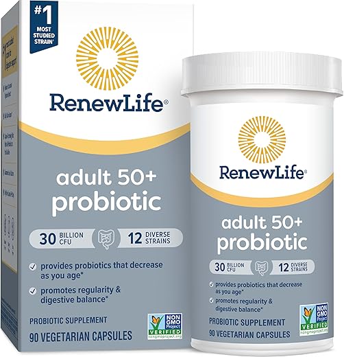 Probiótico Adulto 50 Plus Cápsulas Probióticas, Suplemento Diário Suporta Saúde Urinária, Digestiva e Imunológica, L. Rhamnosus GG, Livre de Laticínios, Soja e Glúten, 30 Bilhões - Renew Life