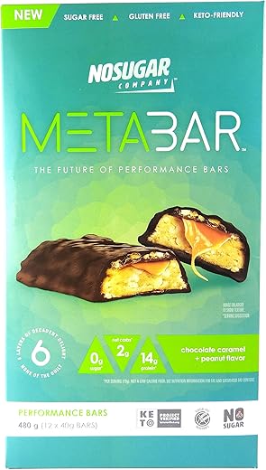 No Sugar Company - METABAR – Barras Energéticas de Alta Proteína, 0g Açúcar, 14g Proteína, Baixo Carboidrato Líquido, Chocolate Caramelo