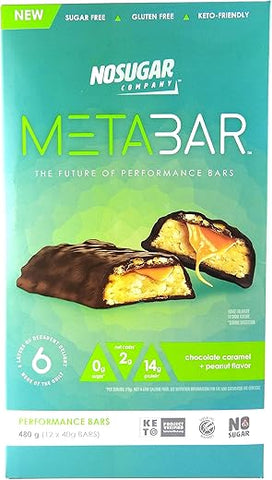 No Sugar Company - METABAR – Barras Energéticas de Alta Proteína, 0g Açúcar, 14g Proteína, Baixo Carboidrato Líquido, Chocolate Caramelo