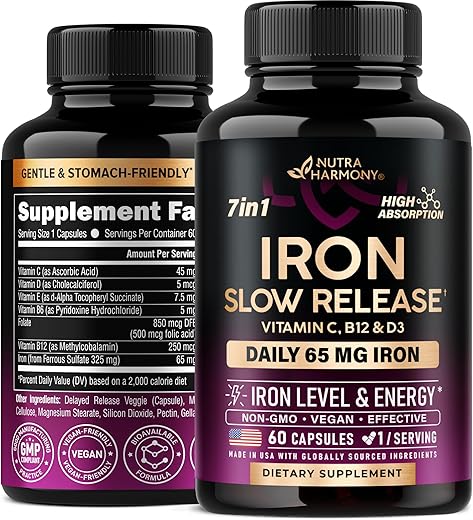 NUTRAHARMONY - Suplemento de Ferro para Mulheres – 65mg de Ferro (Sulfato Ferroso 325mg) – Amigável ao Estômago | Liberação Lenta de Ferro | Alta Absorção – Vitaminas C, D3, B6, B12