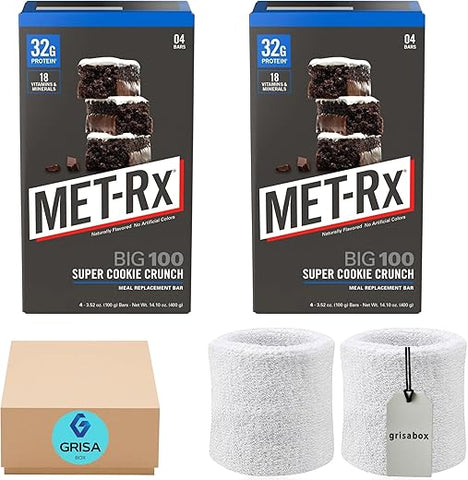 Grisa Box - MET RX Big 100 Colossal Barras de Proteína ~ Super Cookie Crunch 100g cada, (8 barras no total) substituto de refeição (2 Caixas) Pacote com 2 Pulseiras de Suor Brancas