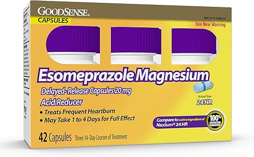 Cápsulas de Liberação Retardada de Esomeprazol Magnésio 20 mg, Inibidor de Bomba de Prótons (PPI), Tratamento para Azia Frequente, 42 Unidades - GoodSense