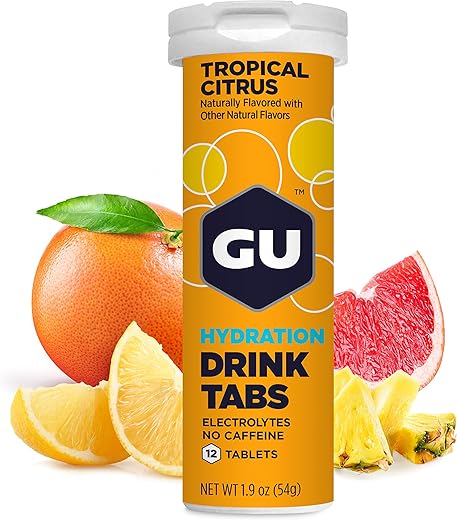 Energy Hydration Tablets – Bebida Esportiva de Reposição de Eletrólitos para Corrida, Ciclismo, Triatlo – 4 Unidades (48 Porções) – Sabor Tropical Cítrico - GU