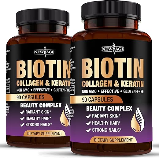 NEW AGE - Vitaminas para o Crescimento Capilar – Biotina Colágeno Queratina Ácido Hialurônico 50.000mcg para Homens e Mulheres, Unhas, Cabelo, Pele e Bloqueador de DHT com Vitamina E Ácido Fólico Semente de Abóbora MSM