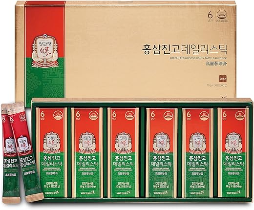 Ginseng Honey Sticks com Cogumelo Poria, Extrato de Rehmannia [CheongKwanJang – Hong Sam Jin Go Daily] Extrato Líquido de Ginseng Vermelho Coreano, Energético Natural para Homens – 100% Original