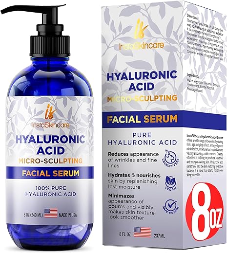 InstaSkincare - Soro de Ácido Hialurônico Puro em Frasco Grande para o Rosto (240 ml) – Soro para Pele e Lábios – Qualidade Médica Hidratante e Hidratante para Todos os Tipos de Pele – Livre de Parabenos