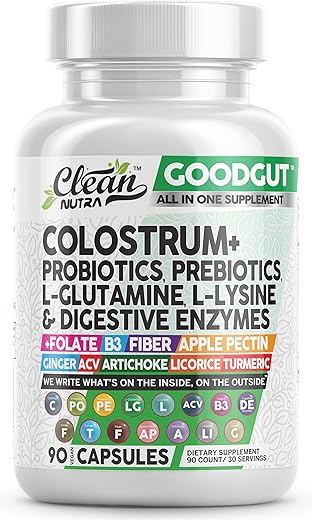 Clean Nutraceuticals - Colostrum Clean Nutra Good Gut – Cápsulas de Suplemento com Probióticos, Prebióticos, L-Glutamina, Enzimas Digestivas, Folate, Fibra, ACV, Cúrcuma, Pectina de Maçã e Turmeric – 100% Natural e Eficaz