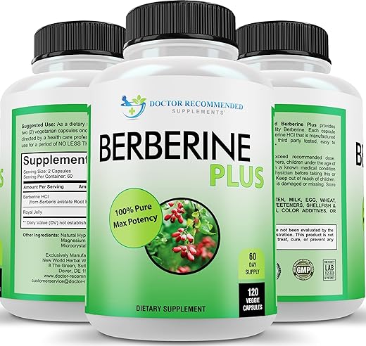 DOCTOR RECOMMENDED SUPPLEMENTS - Suplementos Recomendados por Médicos: Berberina Plus 1200mg por Porção – 120 Cápsulas Vegetais com Geleia Real