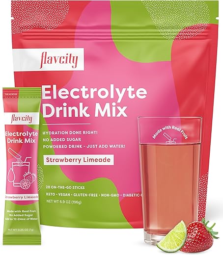 Strawberry Limeade Electrolytes Drink Mix – 28 Sachês Práticos – Pó de Eletrólitos Saudável Feito com Frutas Reais – Bebida em Pó Keto sem Adição de - FlavCity