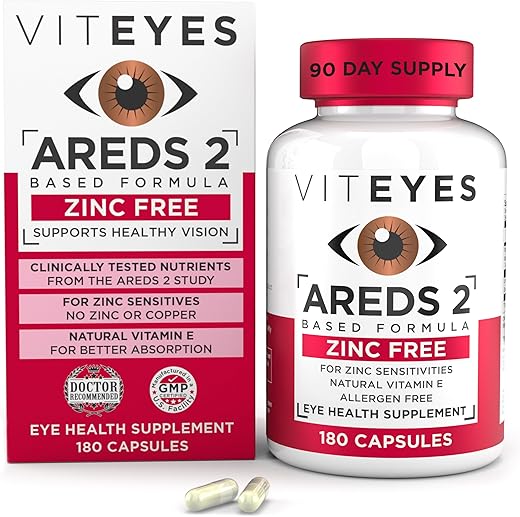 AREDS 2 Suporte Macular sem Zinco, Cápsulas Naturais Livres de Alergênicos com Vitamina E, Vitamina C, Luteína – 60 cápsulas - Viteyes