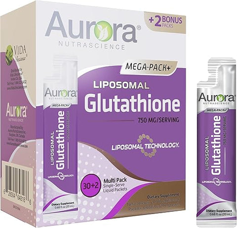 Vida Lifescience - Aurora Nutrascience Mega-Pack Liposomal Glutationa 750 mg, Suporte ao Sistema Imunológico, Antioxidante, 32 Pacotes, Sem OGM, Sem Açúcar, 640 mL