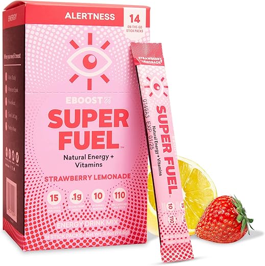 Energético em Pó, Super Fuel – Morango Limonada, 14 Sachês – Mix Energético Pré-Treino em Pó – Energia Natural, L-Tirosina, L-Teanina - EBOOST
