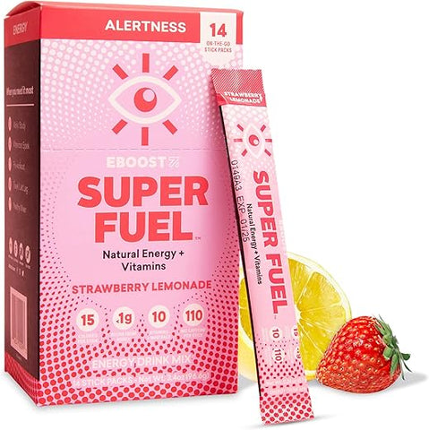 Energético em Pó, Super Fuel – Morango Limonada, 14 Sachês – Mix Energético Pré-Treino em Pó – Energia Natural, L-Tirosina, L-Teanina - EBOOST
