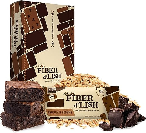 Fiber d’Lish Brownie de Chocolate – Alto teor de fibras, vegano, 150 calorias, 16 unidades - NuGo