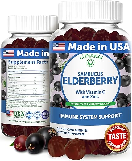 Gomas de Sabugueiro Sambucus Feitas nos EUA – Suporte Imunológico Delicioso com Vitamina C - Lunakai