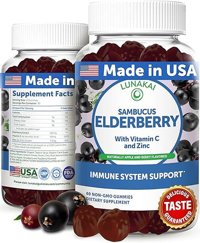 Gomas de Sabugueiro Sambucus Feitas nos EUA – Suporte Imunológico Delicioso com Vitamina C - Lunakai