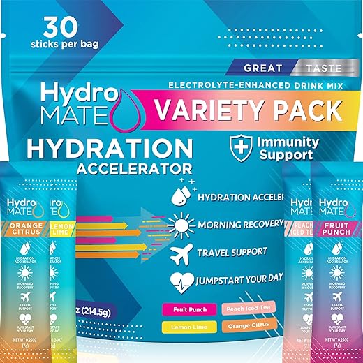 NatureWorks - Hidratante em Pó HydroMATE para Aceleração de Hidratação com Eletrólitos, Baixo Açúcar, Recuperação Rápida de Festas e Vitamina C – Pack Variado com 30 Sachês