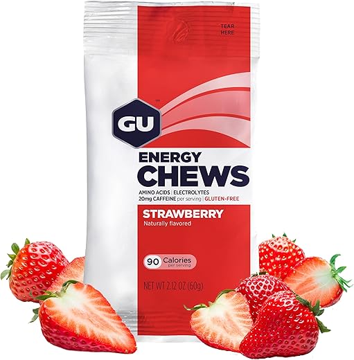 Energy Chews: Gomas Energéticas de Morango com Eletrólitos, Veganas, Sem Glúten, Kosher, Sem Cafeína e Sem Laticínios para Energia On-the-Go em Qualquer Treino, 12 Pacotes (24 Porções) - GU