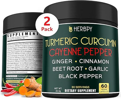 Herbpy - 2 Embalagens de Cúrcuma Curcumina com Pimenta Caiena 7 em 1 – Saúde das Articulações, Digestão, Sistema Imunológico, Cérebro