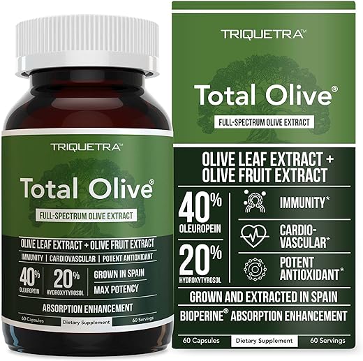 Triquetra Health - Total Olive® – Extrato de Folha de Oliveira (40% Oleuropeína) + Extrato de Fruta de Oliveira (20% Hidroxitirosol) – Extrato de Espectro Completo Cultivado