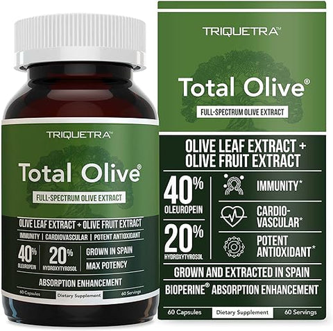 Triquetra Health - Total Olive® – Extrato de Folha de Oliveira (40% Oleuropeína) + Extrato de Fruta de Oliveira (20% Hidroxitirosol) – Extrato de Espectro Completo Cultivado