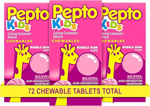 Pepto Bismol - Pepto Chewable Tablets para Azia, Indigestão Ácida, Má Digestão e Desconforto Estomacal, Sabor Bubblegum, 24 Comprimidos (Pacote com 3)