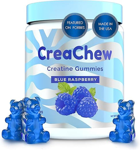 CreaChew - Gummies de Creatina Monohidratada Melhorada com 5g, Veganos, Sem Glúten, Não-OGM, Sabor Framboesa Azul – Gummies de Creatina Monohidratada para Homens e Mulheres