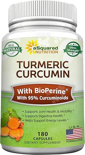 Cúrcuma Curcumina 1600mg com Extrato de Pimenta Preta BioPerine – 180 Cápsulas com 95%% Curcuminoides, 100%% Pó de Raiz de Cúrcuma Natural, Suplementos Naturais para Articulações - aSquared Nutrition