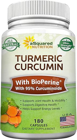 Cúrcuma Curcumina 1600mg com Extrato de Pimenta Preta BioPerine – 180 Cápsulas com 95%% Curcuminoides, 100%% Pó de Raiz de Cúrcuma Natural, Suplementos Naturais para Articulações - aSquared Nutrition