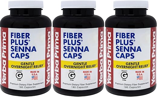Fiber Plus Senna Cápsulas, 180 Unidades (Pacote com 3) – 118 Porções de Alívio Suave Durante a Noite, Fabricado nos EUA, Não-OGM, Certificado Livre de Glúten, para Uso de Curto Prazo para Restaurar - Yerba Prima