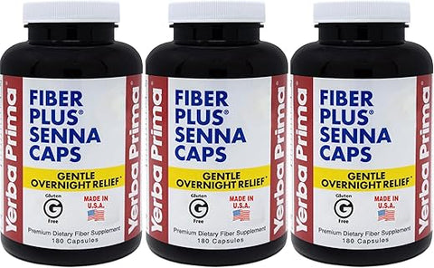 Fiber Plus Senna Cápsulas, 180 Unidades (Pacote com 3) – 118 Porções de Alívio Suave Durante a Noite, Fabricado nos EUA, Não-OGM, Certificado Livre de Glúten, para Uso de Curto Prazo para Restaurar - Yerba Prima