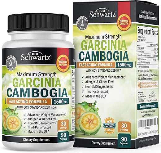 BioSchwartz - Garcinia Cambogia Pílulas para Perda de Peso – 1500mg Extrato Puro de HCA – Supressor de Apetite de Ação Rápida – Queimador de Gordura para Mulheres e Homens para Auxiliar na Perda de Peso – Bloqueador de Carboidratos Metabolismo
