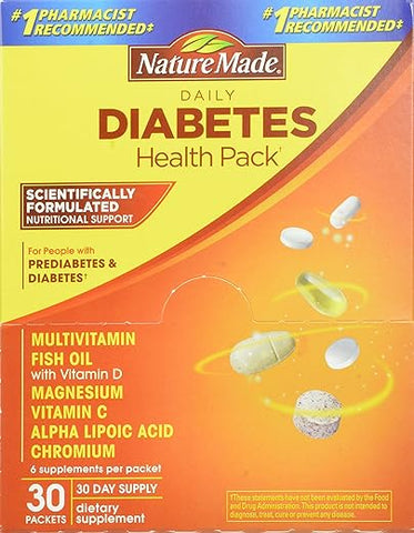 Pacote de Saúde para Diabetes, 30 Unidades – Embalagem com 30 suplementos essenciais para o controle da diabetes - Nature Made