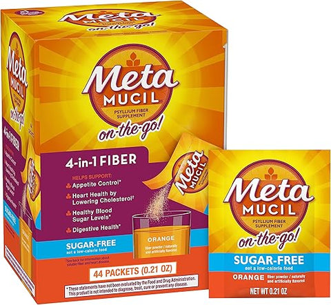 On-The-Go: Pó de Casca de Psyllium Diário, Sem Açúcar, 4-em-1 para Saúde Digestiva, Bebida com Sabor de Laranja, 44 Pacotes - Metamucil