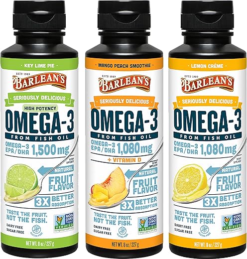 Barlean's - Barlean’s Ômega 3 Óleo de Peixe Líquido Pack de 3, Ácido Graxo EPA e DHA, Sabor de Smoothie para Saúde do Cérebro, Articulações e Coração, Inclui Torta de Limão, Creme de Limão e