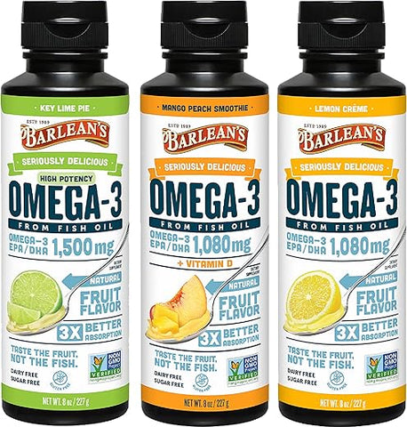 Barlean's - Barlean’s Ômega 3 Óleo de Peixe Líquido Pack de 3, Ácido Graxo EPA e DHA, Sabor de Smoothie para Saúde do Cérebro, Articulações e Coração, Inclui Torta de Limão, Creme de Limão e