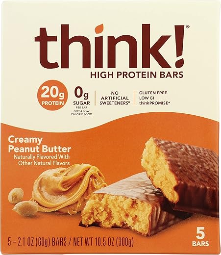 THINK - Think! Barras de Proteína – Snacks de Alta Proteína, Sem Glúten, Sem Açúcar – Barra Energética com Proteína Isolada de Soro de Leite – Creme de Amendoim Cremoso – Barras Nutricionais sem Adoçantes Artificiais – 5 Unidades