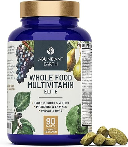 Abundant Earth - Multivitamínico Natural para Mulheres, Suplemento Diário de Vitaminas para Homens, Complexo B de Multivitaminas Masculinas, Probiótico de Enzimas Múltiplas, Ômegas para Energia Orgânica, Humor, Digestão 90ct
