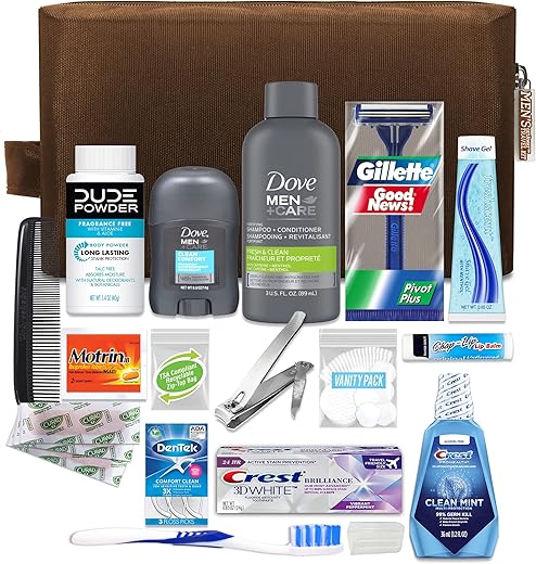 Kit de Viagem Masculino Premium 20 Peças da Convenience Kits International com Tamanho de Viagem, Essenciais Conformes com a TSA, Destacando: Dove Men