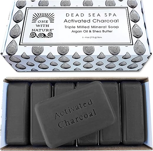 One With Nature - Sabonete de Carvão Ativado 4g 6 Unidades em Caixa de Presente – Rosto, Corpo, Acne, Todos os Tipos de Pele – Contém Sal do Mar Morto, Manteiga de Karité, Óleo de Argan e 21 Ingredientes Naturais