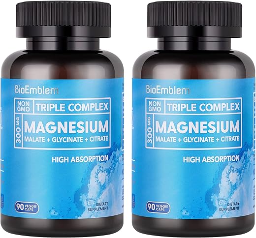 Complexo de Magnésio Triplo de Alta Absorção 300mg | Glicinato de Magnésio para Nervos, Malato de Magnésio para Energia, Suplemento de Magnésio para Apoiar a Saúde Muscular | Vegano, 300g - BioEmblem