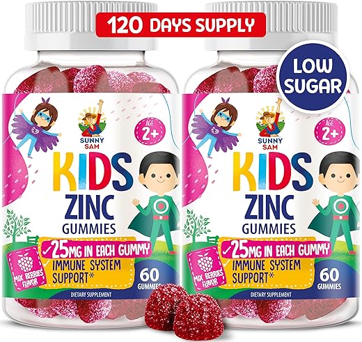 SUNNY SAM - Zinc Gummies para Crianças – Suplemento de Zinco em Goma Mastigável para Suporte Imunológico Infantil – Baixo Açúcar, Antioxidante Natural, Não-OGM – Vitaminas de Zinco em Goma Mastigável para Crianças Pequenas