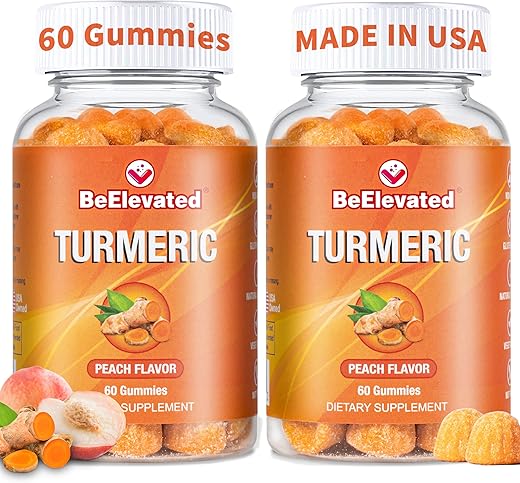 BeElevated - Gomas de Cúrcuma para Adultos – Extrato 8:1 2000mg – Pimenta Preta e Gengibre para Suporte Articular – Vitaminas Vegetarianas Mastigáveis – Sabor Pêssego
