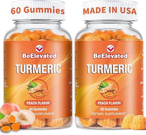 BeElevated - Gomas de Cúrcuma para Adultos – Extrato 8:1 2000mg – Pimenta Preta e Gengibre para Suporte Articular – Vitaminas Vegetarianas Mastigáveis – Sabor Pêssego