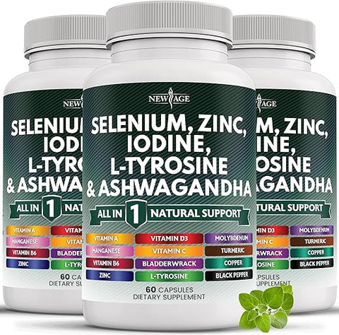 NEW AGE - Selenium 300mcg Zinc 50mg Iodine 500mcg L Tyrosine 500mg Ashwagandha 6000mg – Suporte para Tireoide com Bladderwrack, Cúrcuma, Sílica Kelp, Schisandra – Marca: [Nome da Marca]