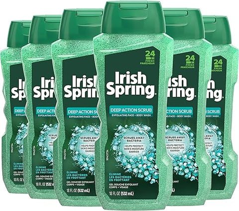 Gel de Banho Esfoliante para Homens, Ação Profunda – 18 fl oz (6 Pacotes) - Irish Spring