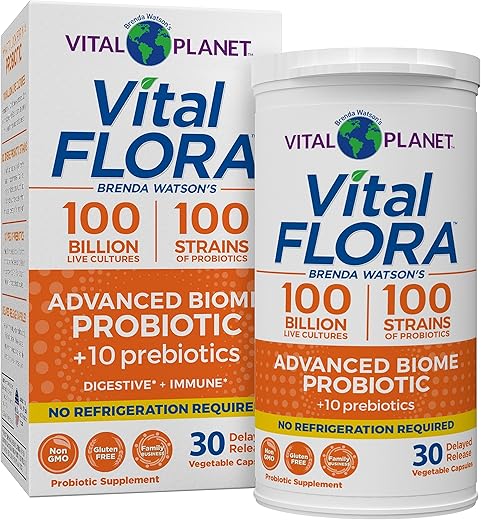 Vital Flora Probiótico Avançado 100 Bilhões UFC, 100 Cepas Diversas, 10 Prebióticos Orgânicos, Suporte Imunológico, Saúde Digestiva Probióticos Estáveis para Mulheres - Vital Planet