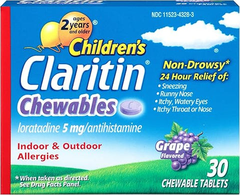 Crianças 24 Horas Anti-histamínico Não Sonolento de Uva, Comprimido Mastigável, 5 mg, 30 Unidades - Claritin