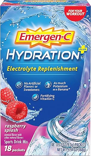 Bebida Esportiva Hidratante com Vitamina C (18 Unidades, Sabor Framboesa), Reposição de Eletrólitos, Sachês de Pó de 0,33 Ounce (9,35g) - Emergen-C